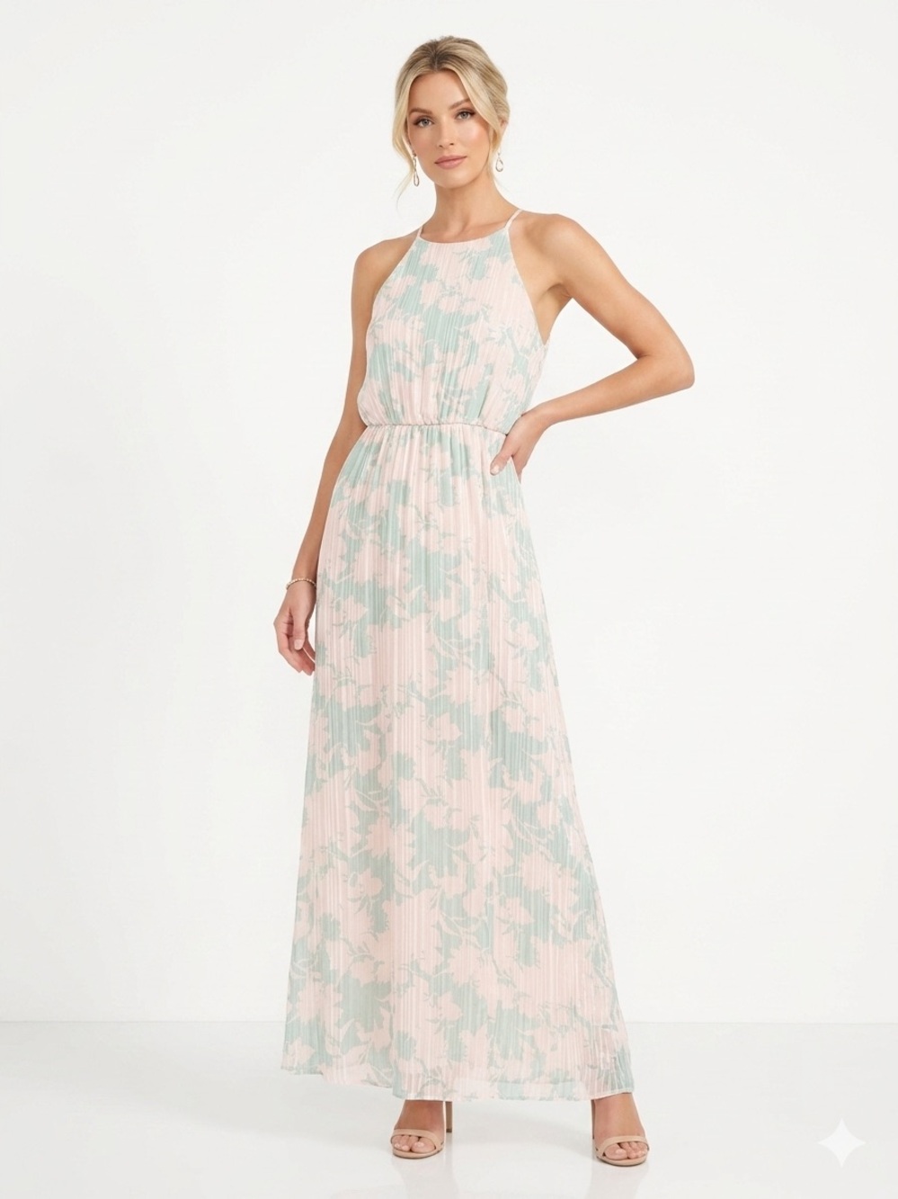 Everly Pleated Halter Maxi Dress in Blush and Sage size large